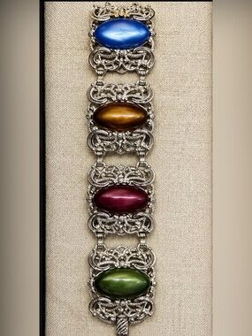 Sarah Coventry CAROUSEL Vintage BRACELET 4 Colorful Inset Gems Silvertone Wide